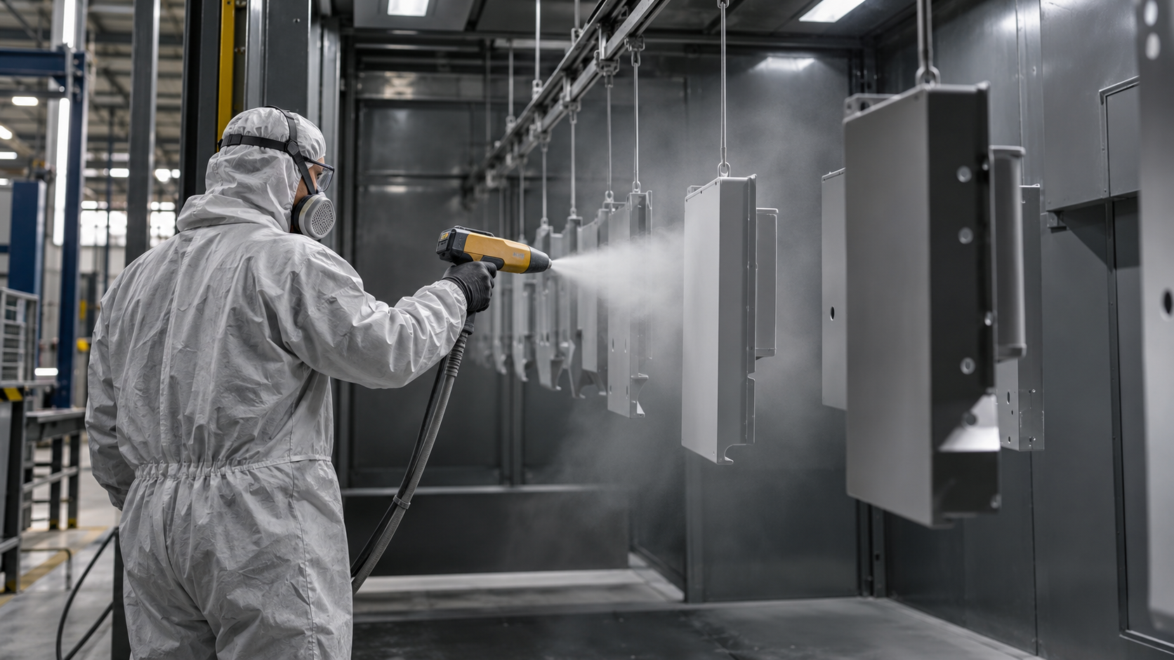 Aplicação ilustrativa de tinta em pó em linha industrial