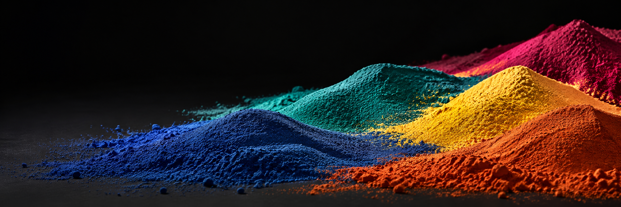 Composição ilustrativa de pó colorido em ondas, com tons de azul, verde, amarelo, terracota e magenta